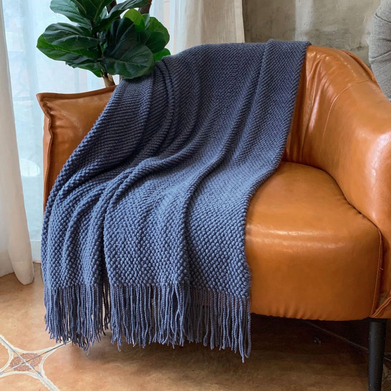 LOMAO Knitted Throw Blanket with Tassels Bubble Textured Lightweight Soft Throws for Couch Cover Home Decor (Navy, 50x60) - Image 2